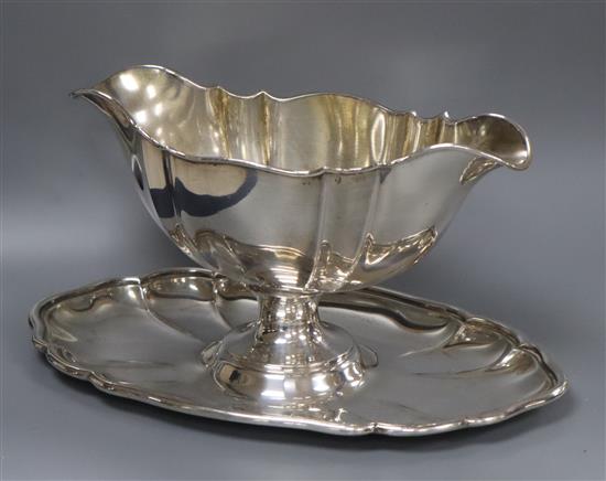 A German 800 standard white metal double lipped sauceboat dish, 13 oz.